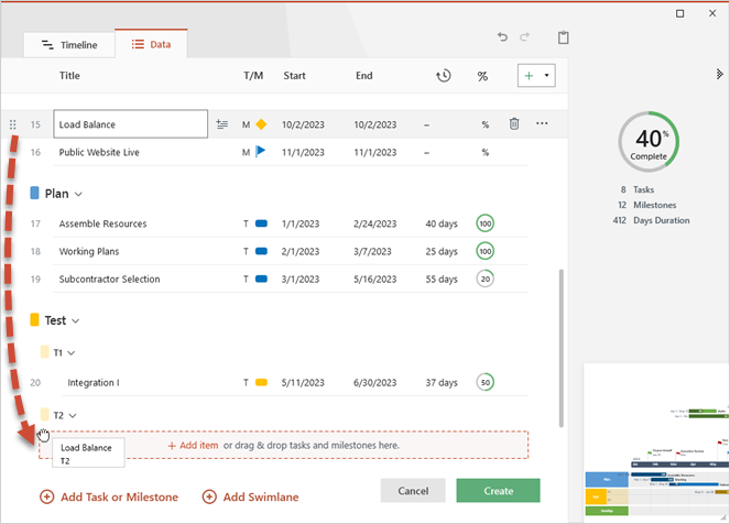 Drag and drop data view